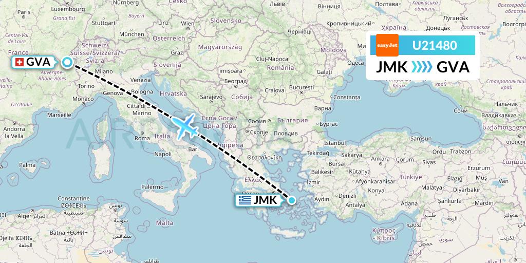 U21480 EasyJet Flight Map: Mykonos to Geneva