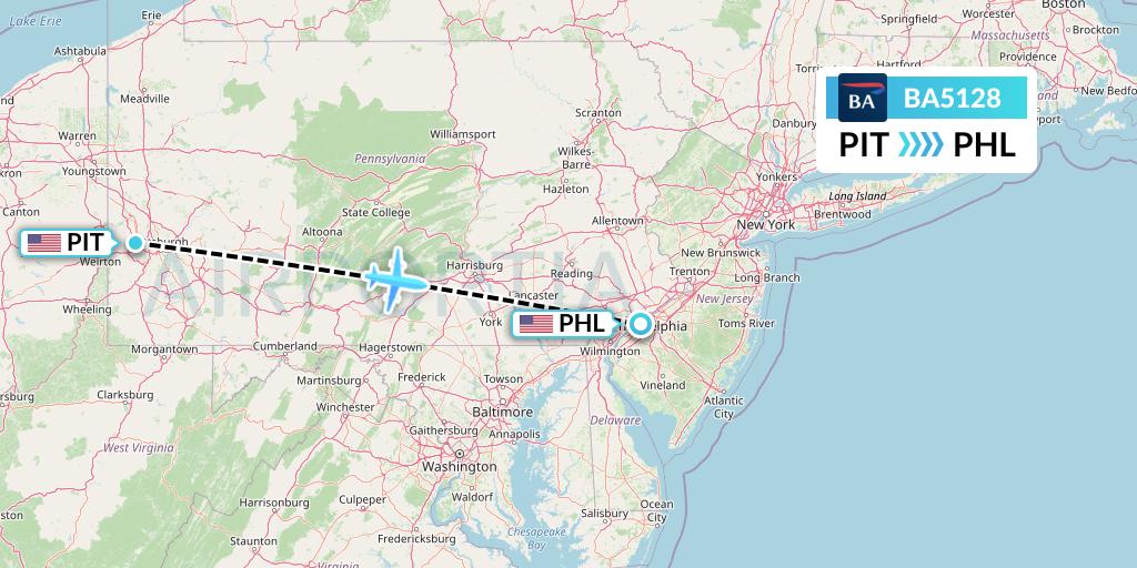 BA5128 British Airways Flight Map: Pittsburgh to Philadelphia