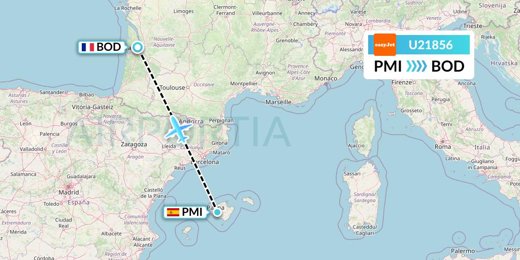 U21856 EasyJet Flight Map: Palma de Mallorca to Bordeaux