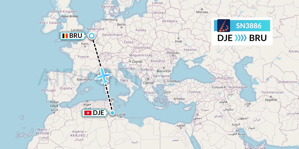 SN3886 Brussels Airlines Flight Map: Djerba to Brussels