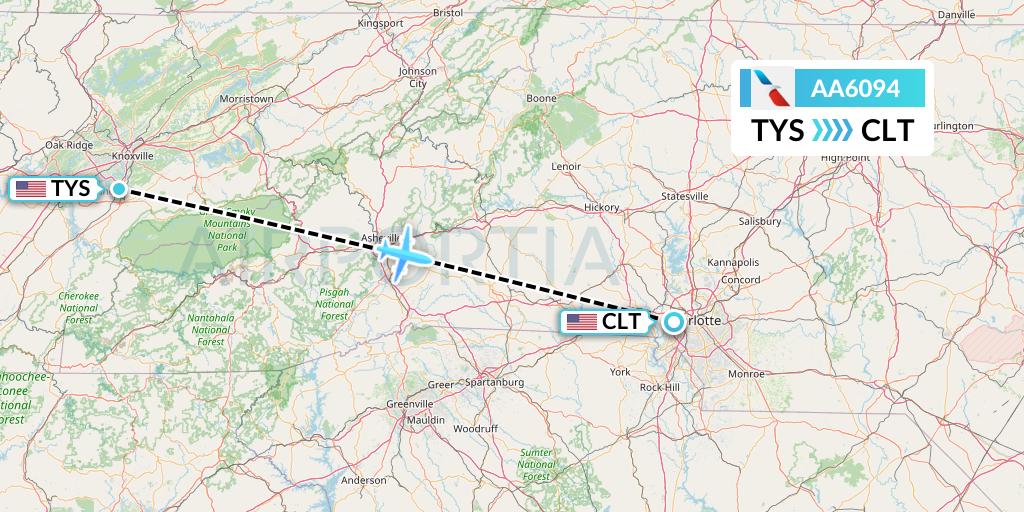 AA6094 American Airlines Flight Map: Knoxville to Charlotte