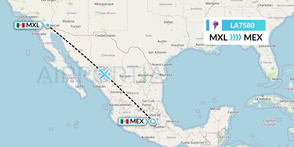 LA7580 LAN Airlines Flight Map: Mexicali to Mexico City