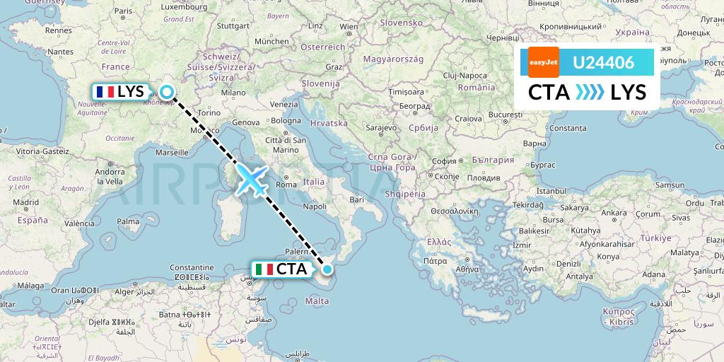 U24406 EasyJet Flight Map: Catania to Lyon