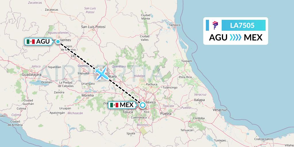 LA7505 LAN Airlines Flight Map: Aguascalientes to Mexico City
