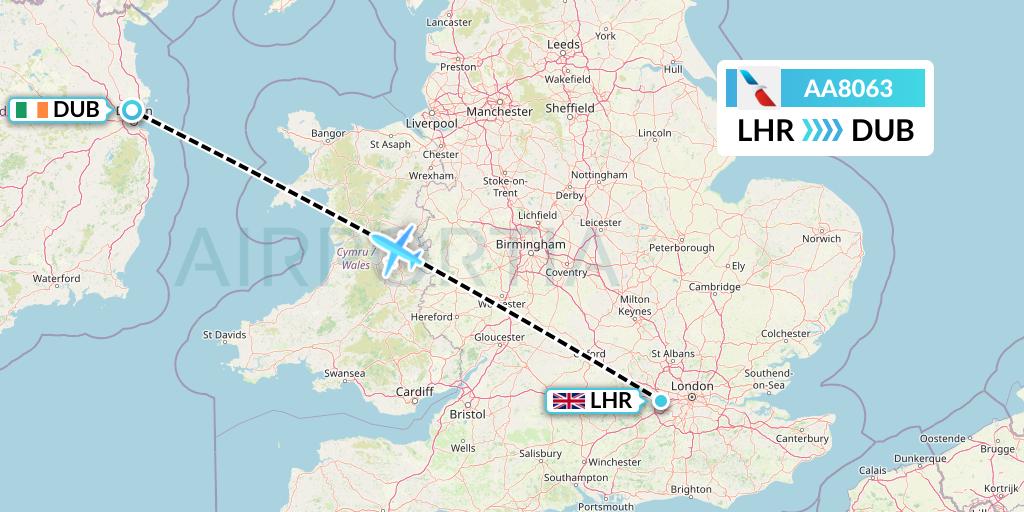 AA8063 American Airlines Flight Map: London to Dublin
