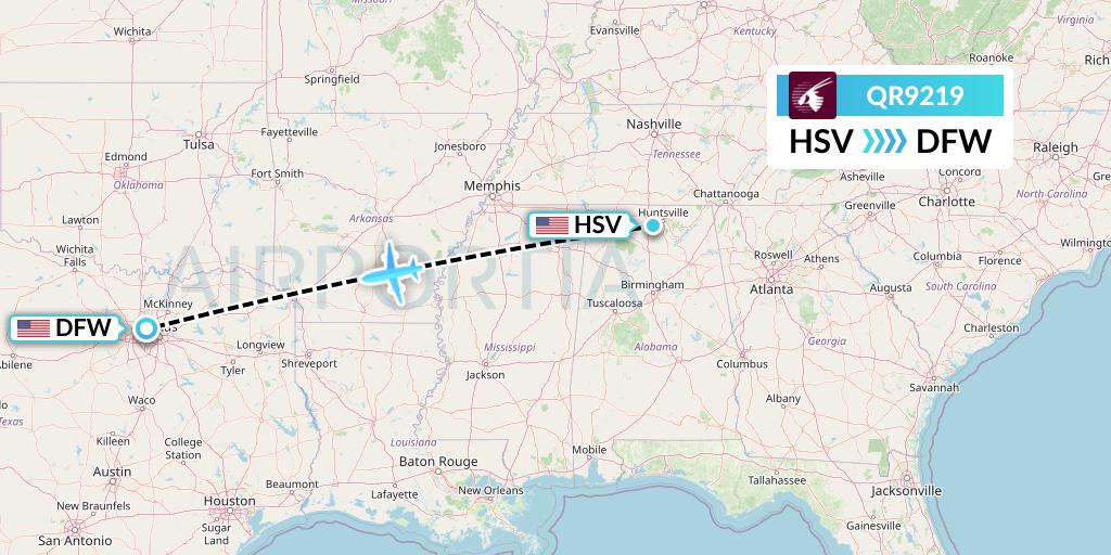 QR9219 Qatar Airways Flight Map: Huntsville to Dallas