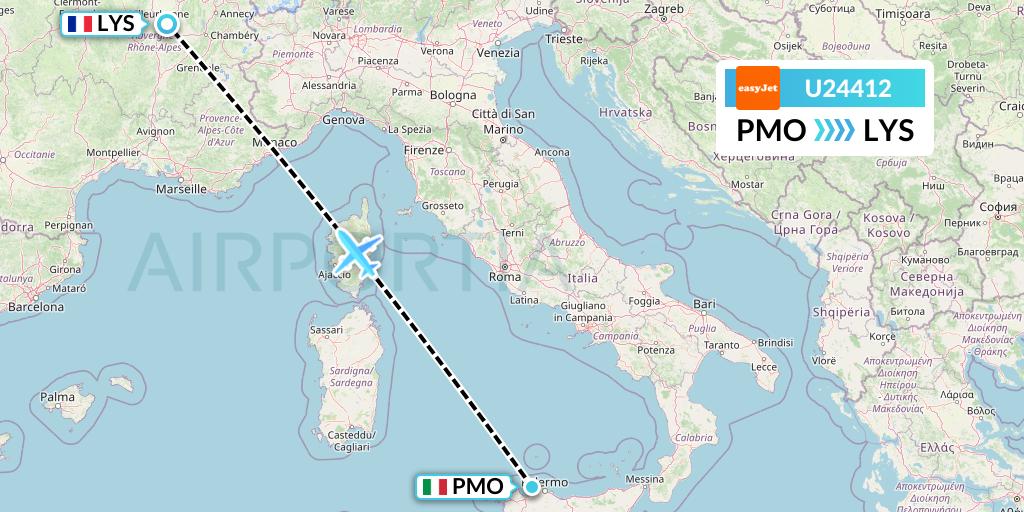 U24412 EasyJet Flight Map: Palermo to Lyon