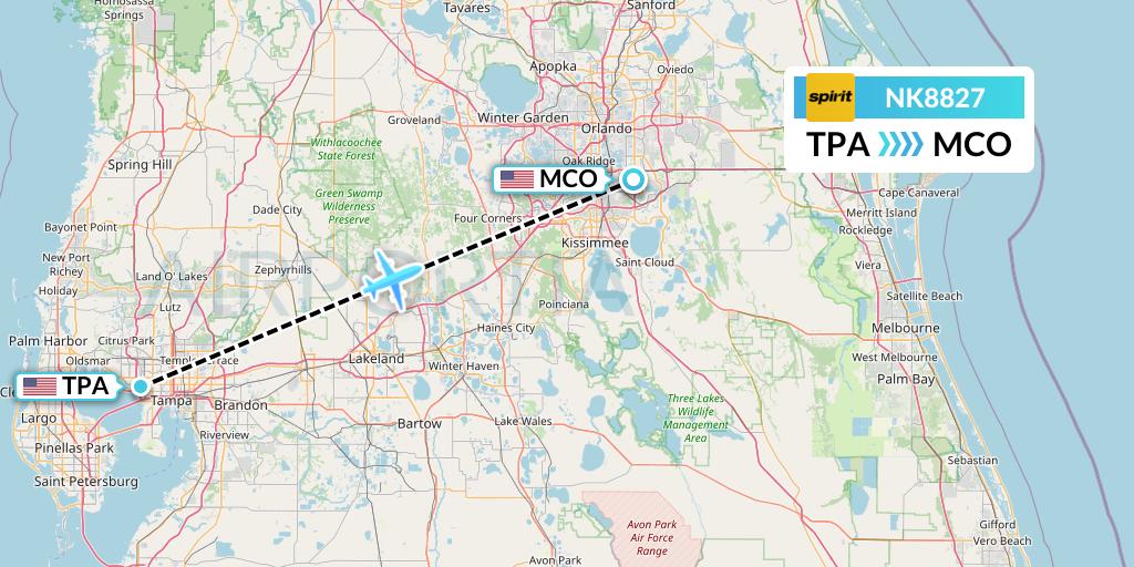 NK8827 Spirit Airlines Flight Map: Tampa to Orlando