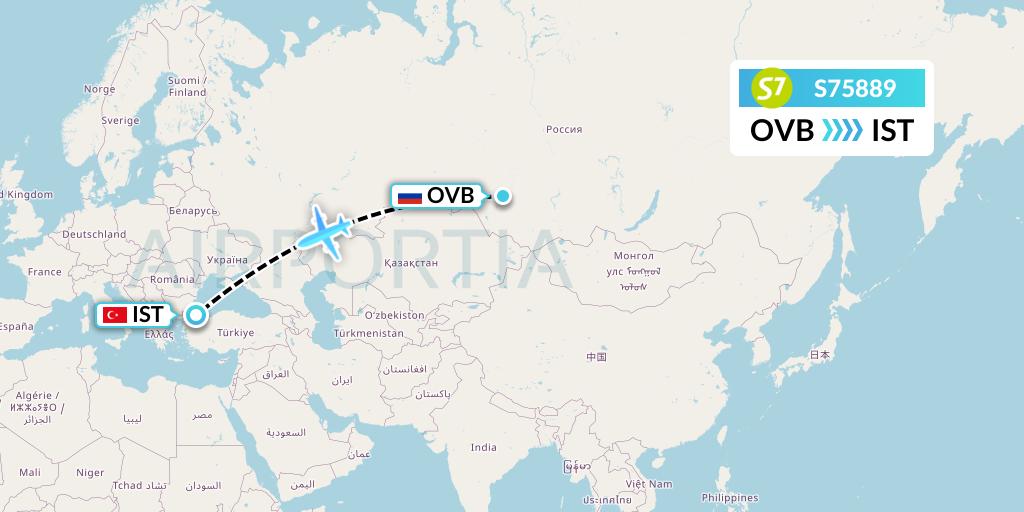 S75889 S7 Airlines Flight Map: Novosibirsk to Istanbul