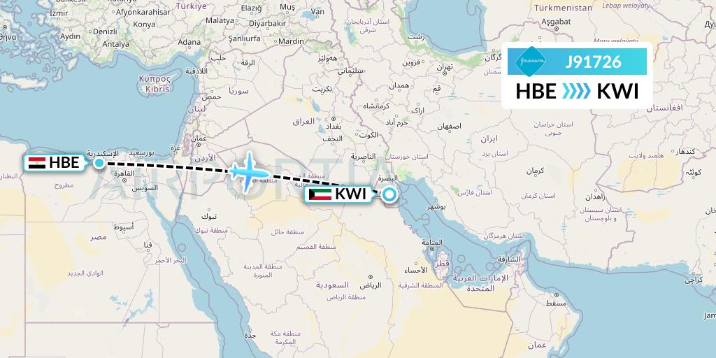 J91726 Jazeera Airways Flight Map: Alexandria to Kuwait City