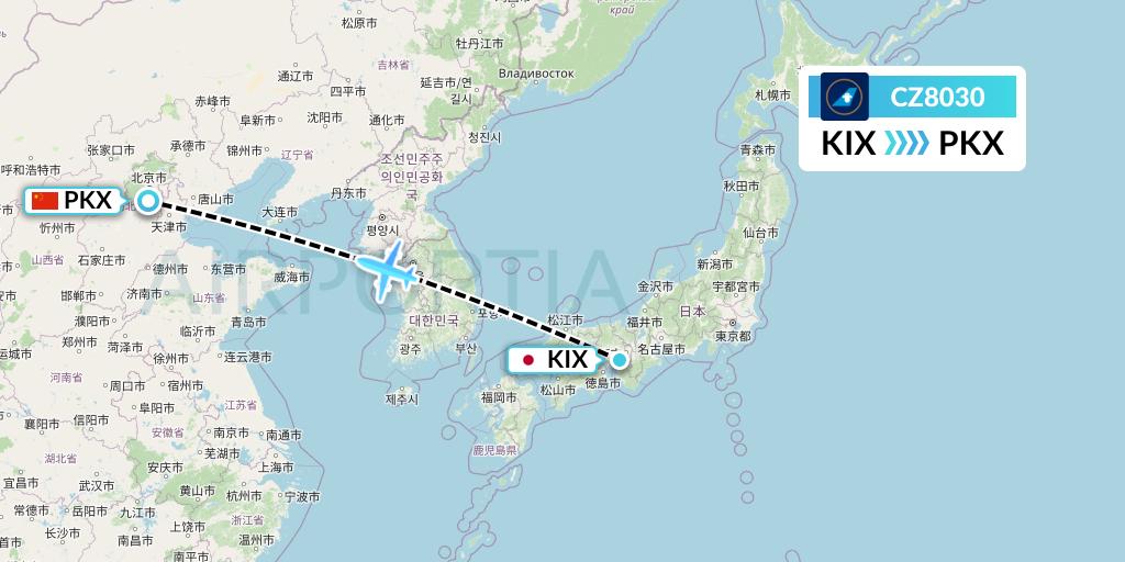 CZ8030 China Southern Airlines Flight Map: Osaka to Beijing