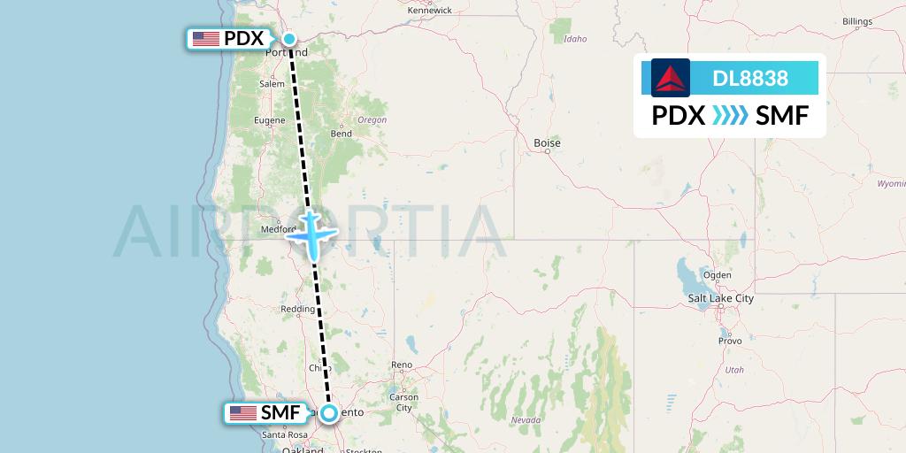 DL8838 Delta Air Lines Flight Map: Portland to Sacramento