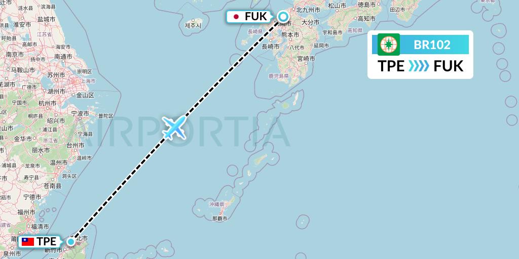 BR102 EVA Air Flight Map: Taipei to Fukuoka