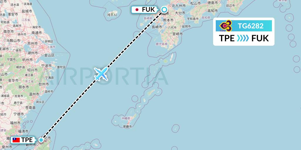 TG6282 Thai Airways Flight Map: Taipei to Fukuoka
