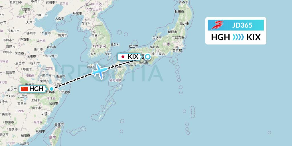 JD365 Capital Airlines Flight Map: Hangzhou to Osaka