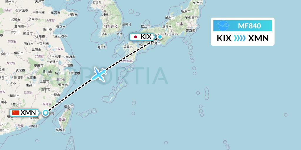 MF840 Xiamen Airlines Flight Map: Osaka to Xiamen