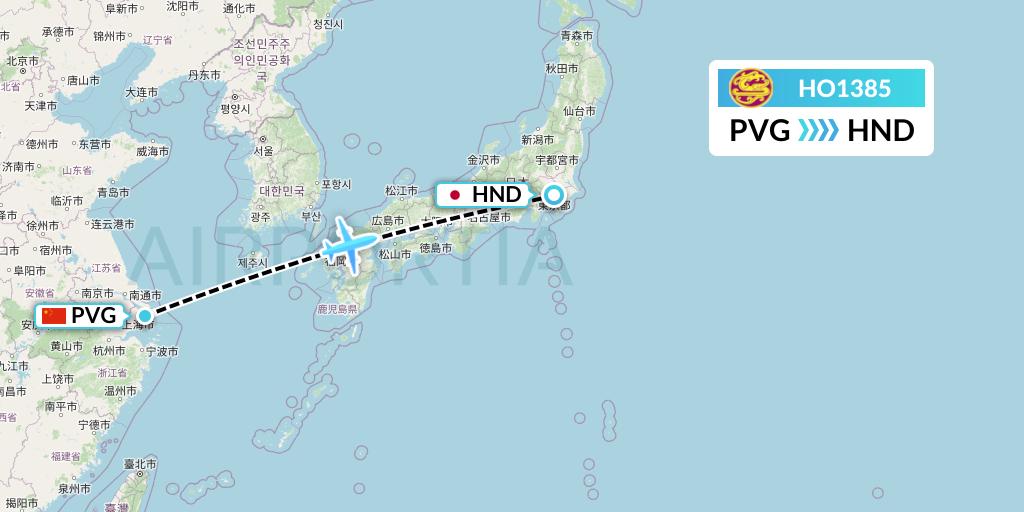 HO1385 Juneyao Airlines Flight Map: Shanghai to Tokyo