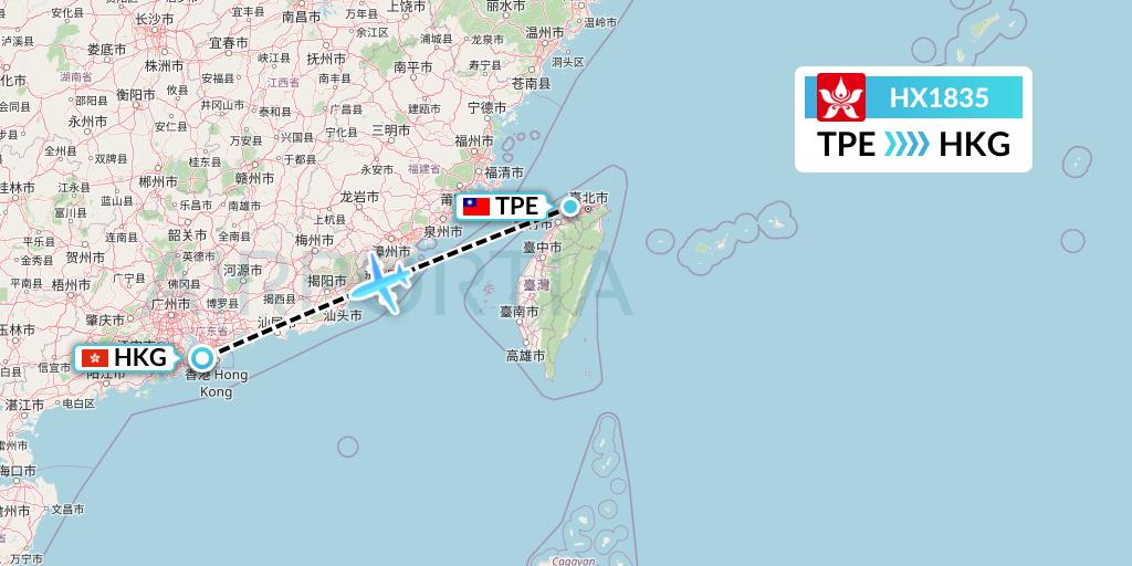 HX1835 Hong Kong Airlines Flight Map: Taipei to Hong Kong