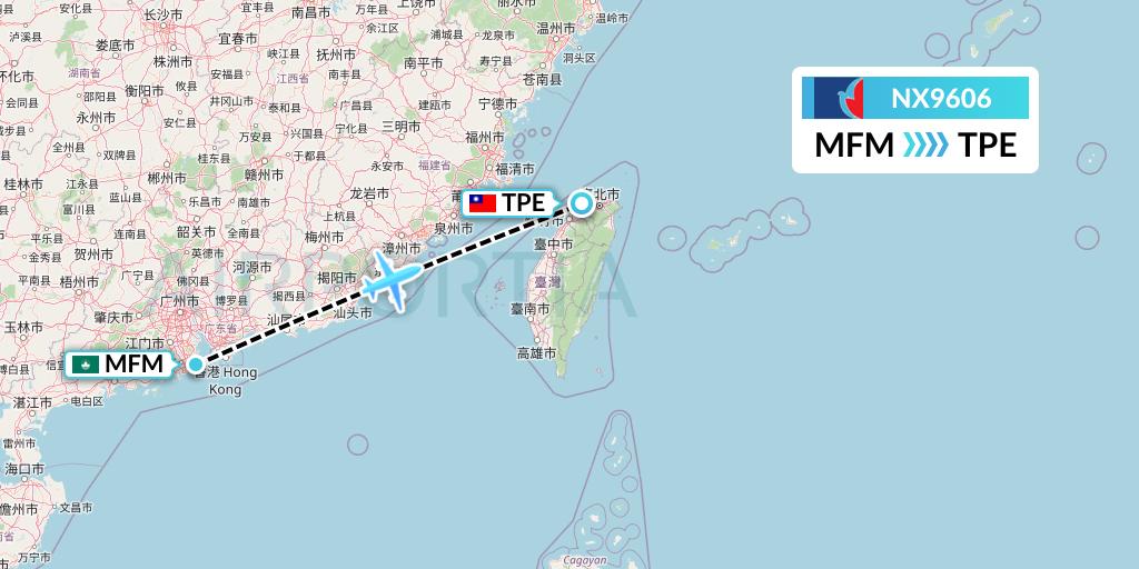 NX9606 Air Macau Flight Map: Macau to Taipei