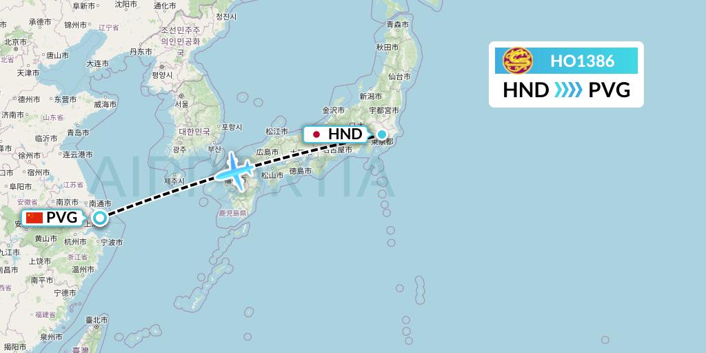 HO1386 Juneyao Airlines Flight Map: Tokyo to Shanghai