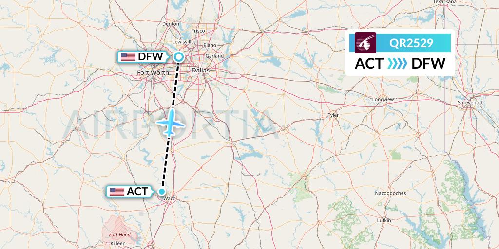QR2529 Qatar Airways Flight Map: Waco to Dallas
