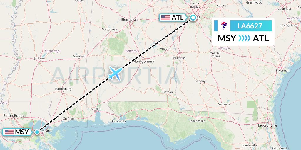 LA6627 LAN Airlines Flight Map: New Orleans to Atlanta