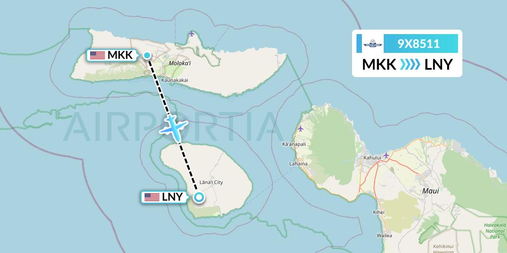 9X8511 Southern Airways Express Flight Map: Kaunakakai to Lanai
