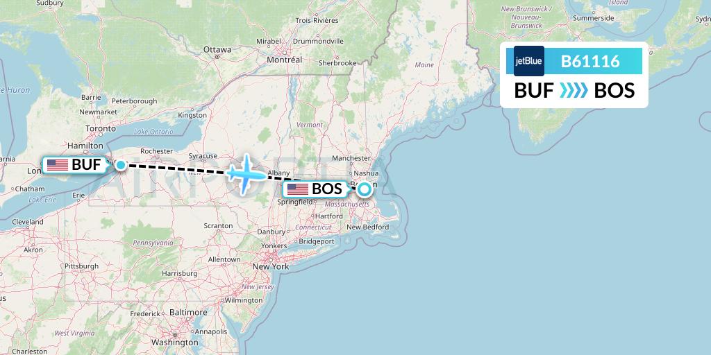 B61116 JetBlue Airways Flight Map: Buffalo to Boston