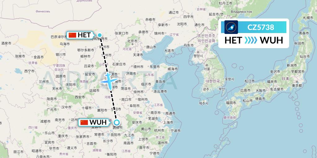 CZ5738 China Southern Airlines Flight Map: Hohhot to Wuhan