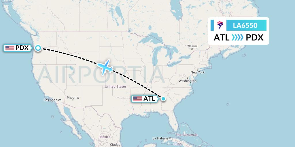 LA6550 LAN Airlines Flight Map: Atlanta to Portland