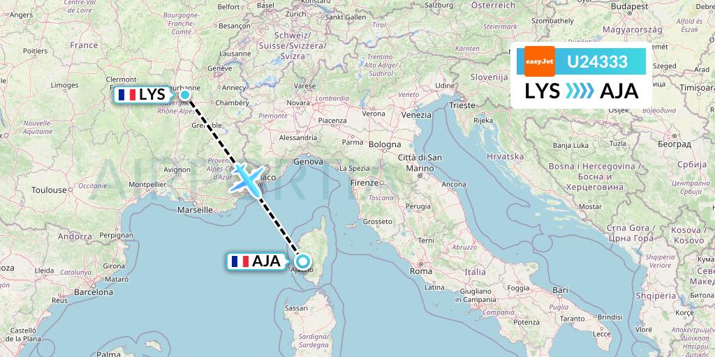 U24333 EasyJet Flight Map: Lyon to Ajaccio