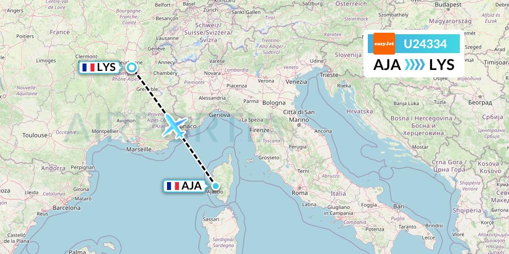U24334 EasyJet Flight Map: Ajaccio to Lyon