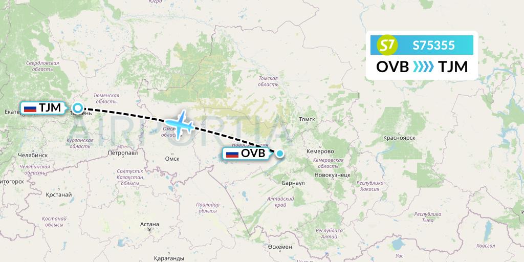 S75355 S7 Airlines Flight Map: Novosibirsk to Tyumen