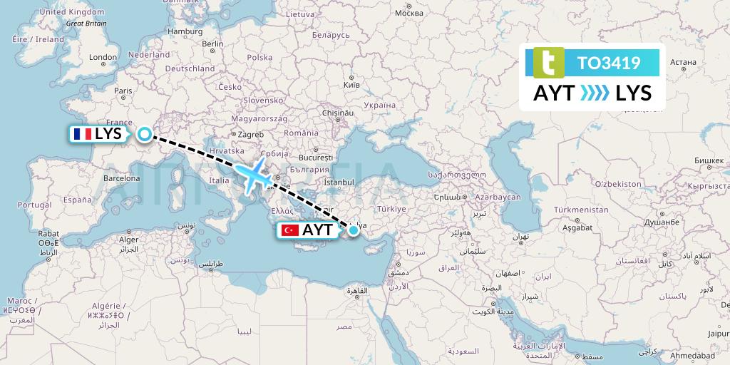 TO3419 Transavia France Flight Map: Antalya to Lyon