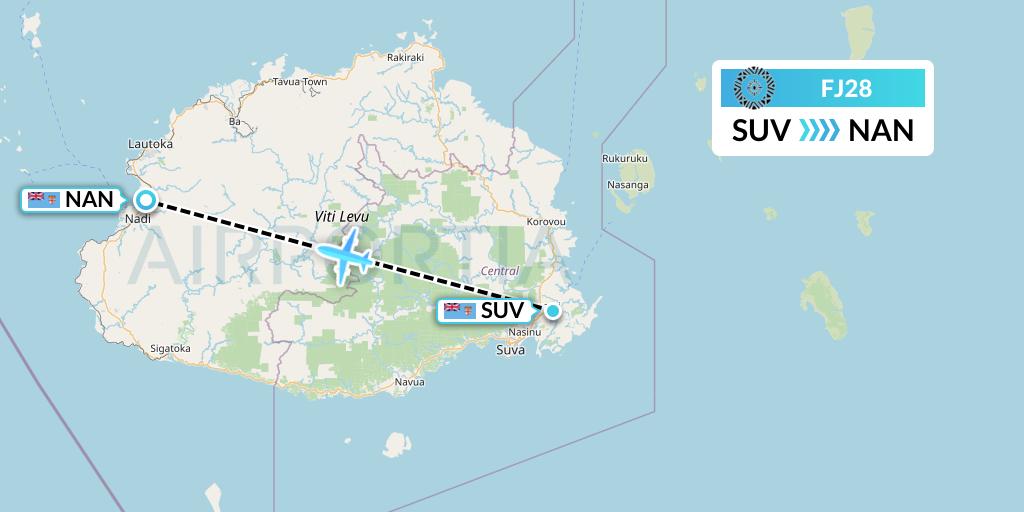 FJ28 Fiji Airways Flight Map: Suva to Nadi