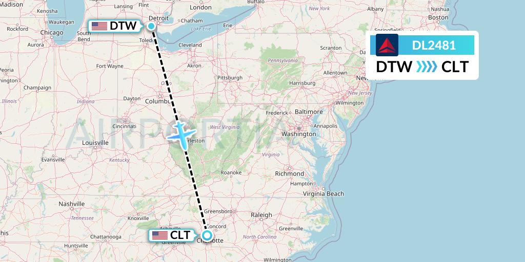 DL2481 Delta Air Lines Flight Map: Detroit to Charlotte
