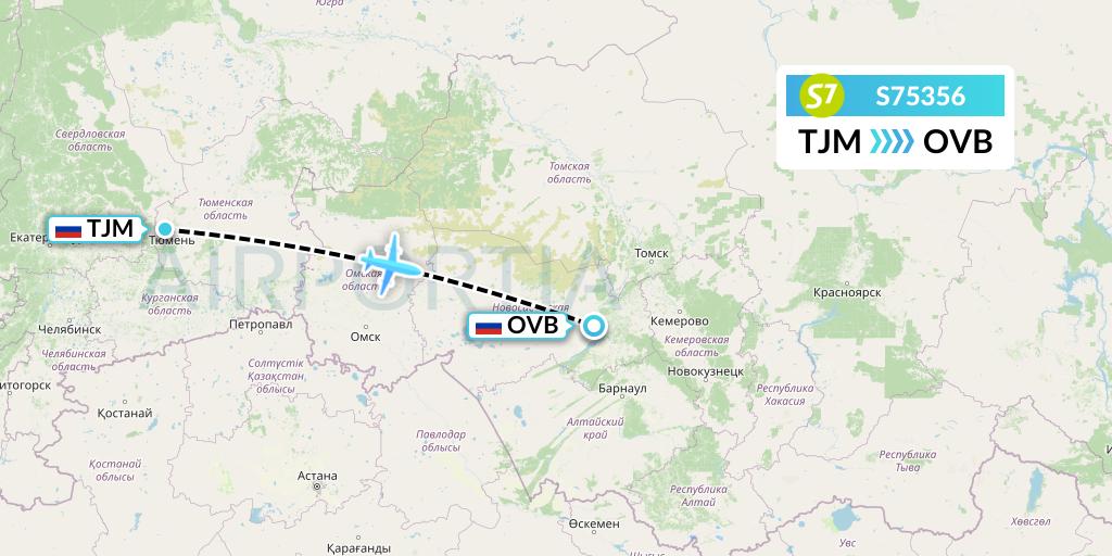 S75356 S7 Airlines Flight Map: Tyumen to Novosibirsk