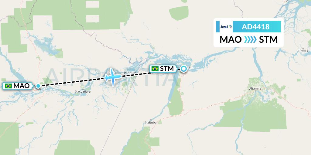 AD4418 Azul Brazilian Airlines Flight Map: Manaus to Santarem