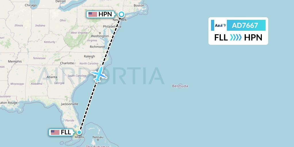 AD7667 Azul Brazilian Airlines Flight Map: Fort Lauderdale to White Plains