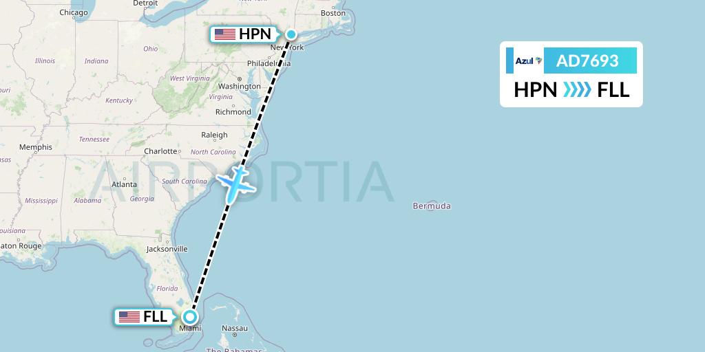 AD7693 Azul Brazilian Airlines Flight Map: White Plains to Fort Lauderdale