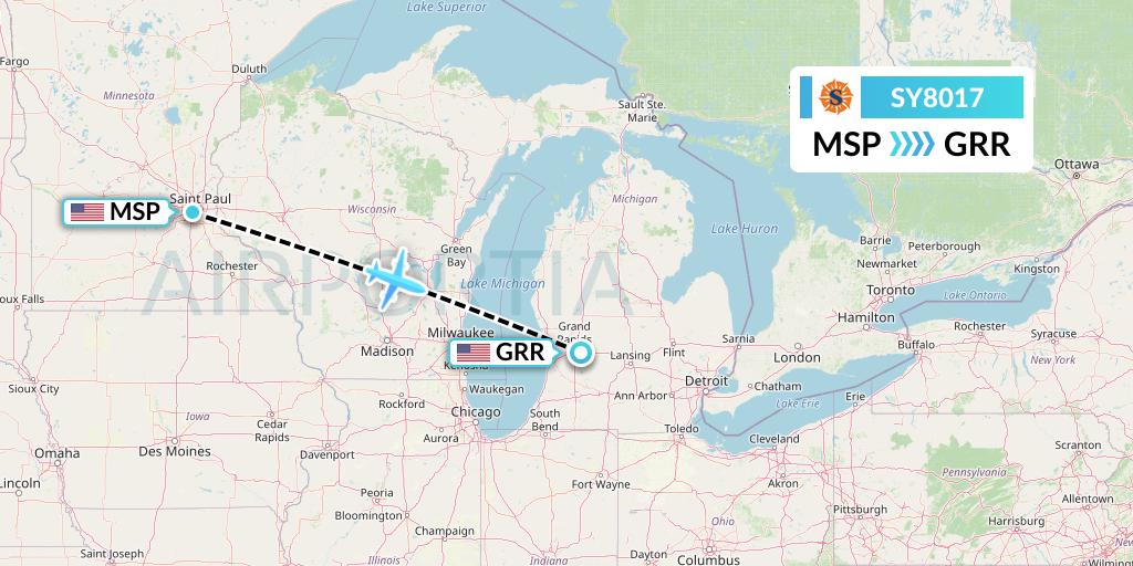 SY8017 Sun Country Airlines Flight Map: Minneapolis to Grand Rapids