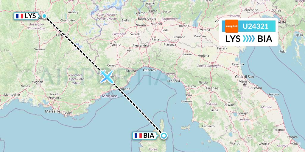 U24321 EasyJet Flight Map: Lyon to Bastia