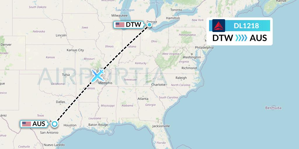 DL1218 Delta Air Lines Flight Map: Detroit to Austin