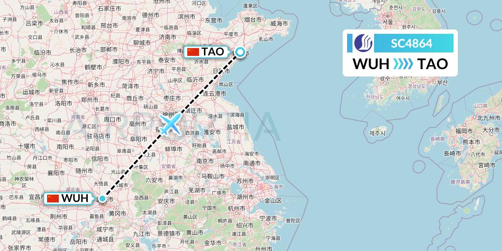 SC4864 Shandong Airlines Flight Map: Wuhan to Qingdao