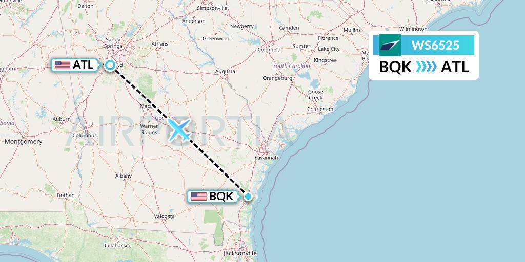 WS6525 WestJet Flight Map: Brunswick to Atlanta