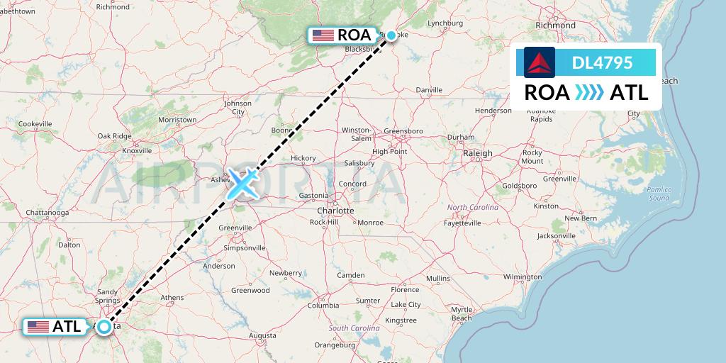 DL4795 Delta Air Lines Flight Map: Roanoke to Atlanta