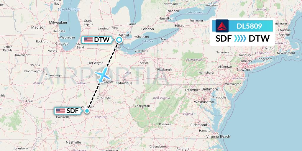 DL5809 Delta Air Lines Flight Map: Louisville to Detroit