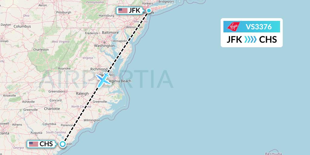 VS3376 Virgin Atlantic Airways Flight Map: New York to Charleston