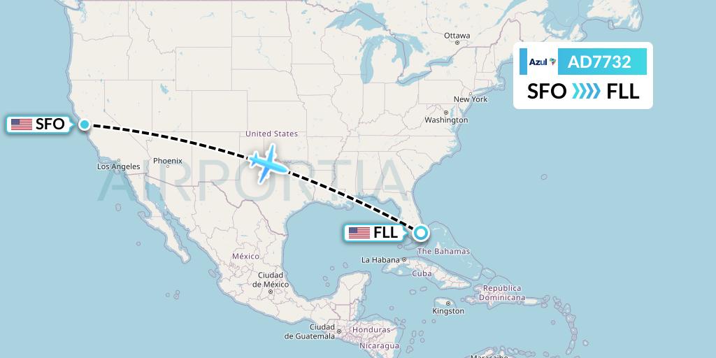 AD7732 Azul Brazilian Airlines Flight Map: San Francisco to Fort Lauderdale