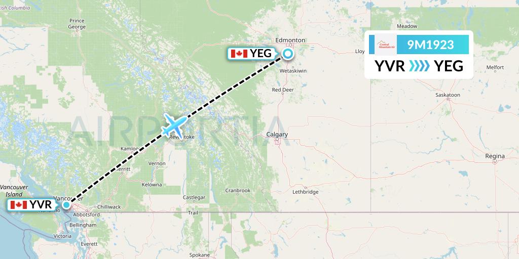 9M1923 Central Mountain Air Flight Map: Vancouver to Edmonton